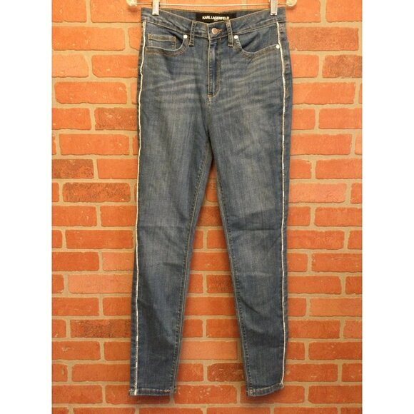 Karl Lagerfeld Paris Skinny Jeans Size 6 Medium Wash Blue Logo Taping on sides - Picture 1 of 7
